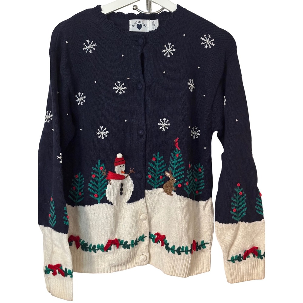 Vtg Women's  Hartstrings Christmas Med Cardigan Sweater Snowman Winter Knit Note